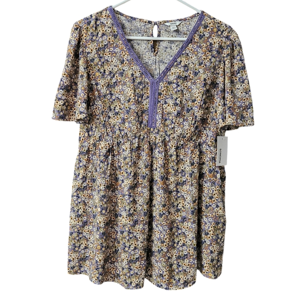 Sonoma Maternity Top NWT Floral Size Medium Short Sleeve Purple Ivory Orange